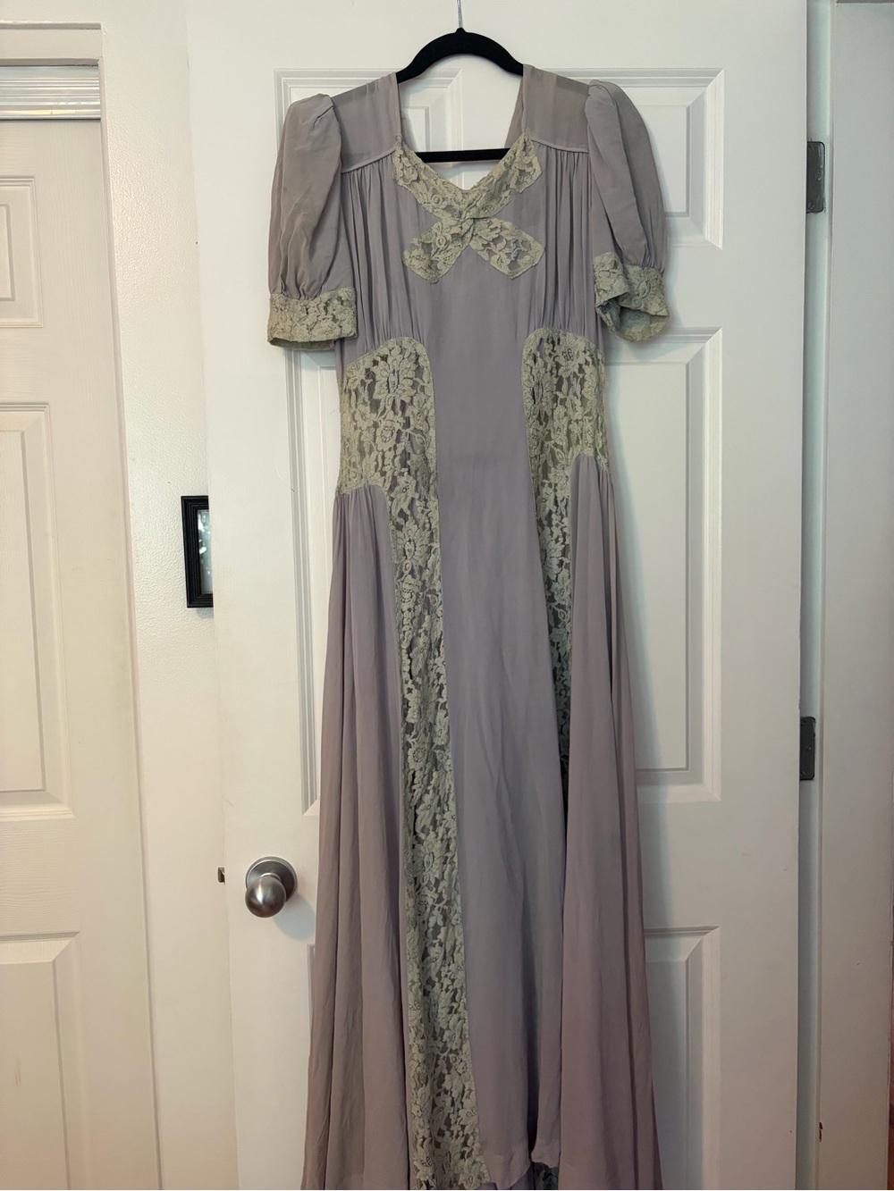 Vintage Lavender Maxi Dress with Cream Lace Trim
